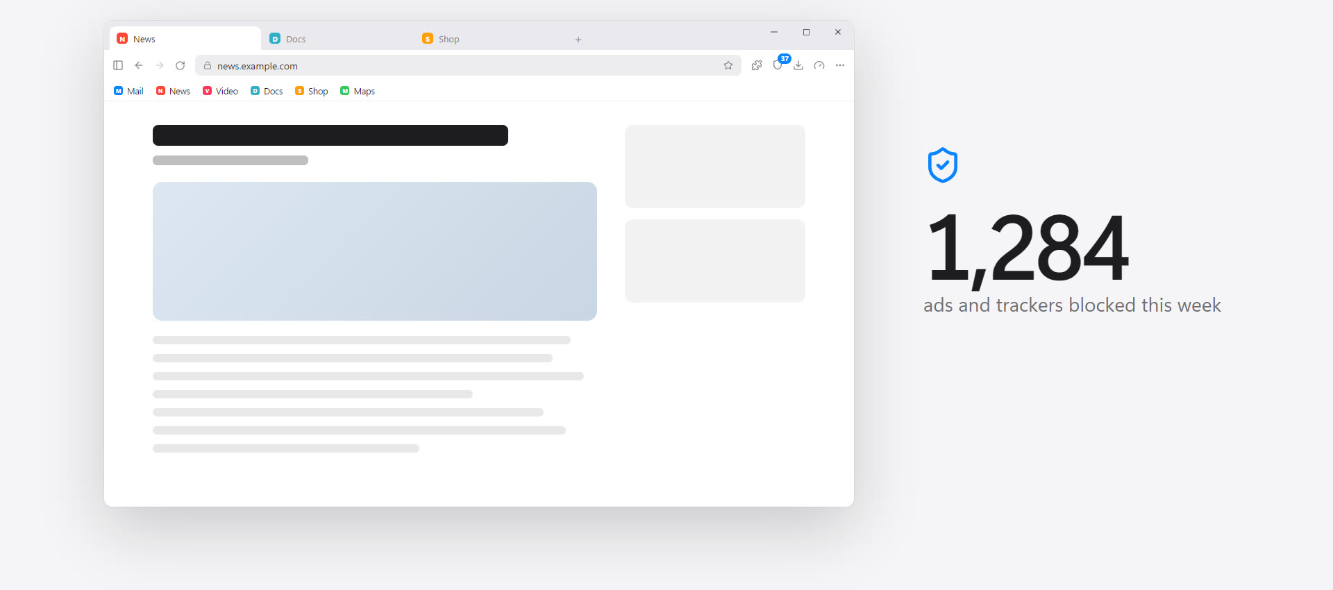 A news page in Nyx with its ads removed and a blocked count