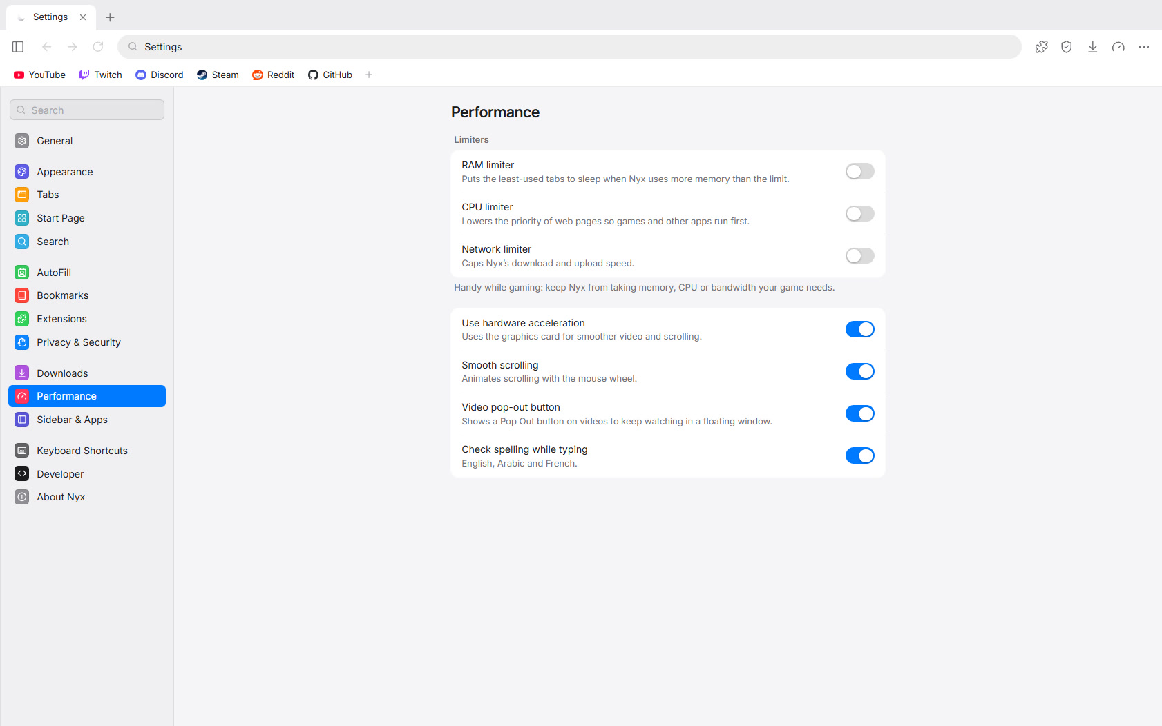 The Performance pane in Nyx settings with the RAM, CPU and network limiters