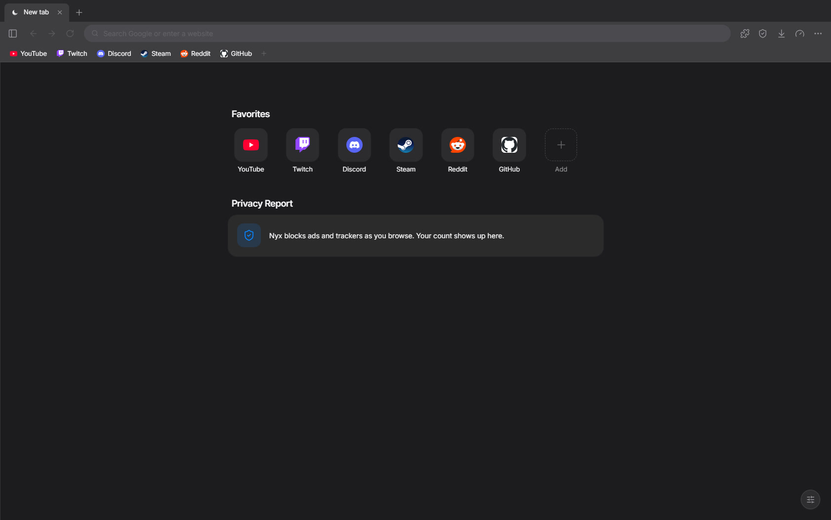 The Nyx start page in dark mode with the Favorites bar and Privacy Report